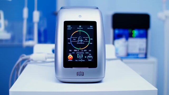 Silver medical device with a digital display showing various parameters