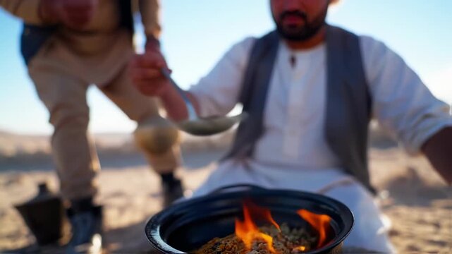 Two people preparing food outdoors in a desert setting. A metal ladle is used to serve food from a cooking pot over a fire