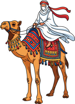 A cartoon Arab traveler in a white thobe and red keffiyeh riding a dromedary camel with a colorful ornate saddle.