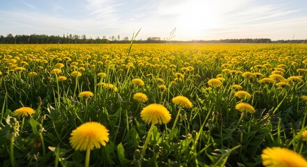 Obraz premium Vast field bright yellow rapeseed flowers clear sky deep green stems powerful seasonal awakening spring transformation