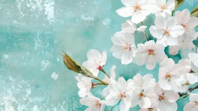 Blossoming cherry blossoms sway elegantly against teal textured backdrop