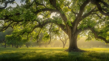 Obraz premium Majestic Pecan Tree in Golden Sunlight, Lush Green Meadow