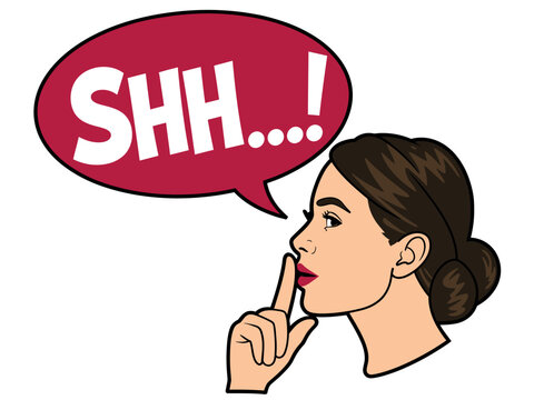 A cartoon woman with her finger on her lips and a speech bubble saying shh.