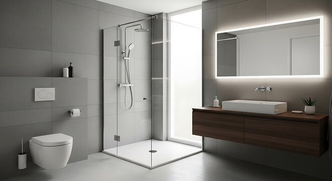 Modern Bathroom Interior with Shower and Sink.