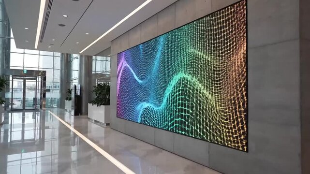 Modern lobby featuring a large digital art display with flowing abstract patterns creating an immersive and dynamic visual experience in a corporate setting