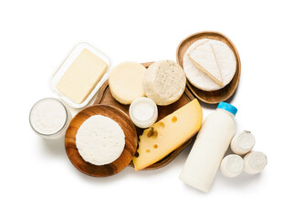 Different delicious dairy products on white background