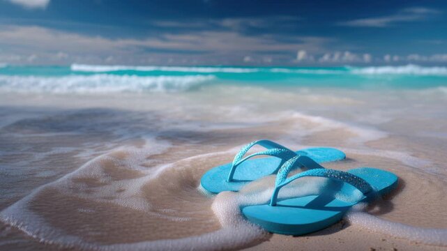 blue sandals on sandy beach, turquoise waves lapping shore under deep sky, scattered shells and footprints indicate traveler paused for sunrise swim, calm surf