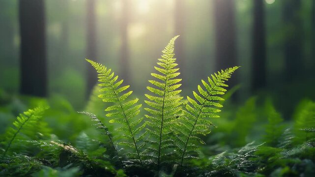 Experience the serene and tranquil morning light gently filtering through a lush and vibrant green forest