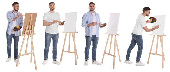Man painting using easel on white background. Photos of artist, collage