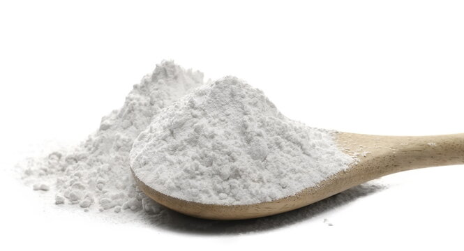 Tapioca starch or flour powder in wooden spoon isolated on white background