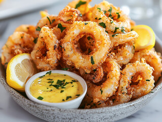 Golden crispy calamari rings with lemon wedges and gourmet sauce. Premium seafood appetizer, luxury restaurant presentation, fine dining menu, food advertising, upscale catering, culinary branding.