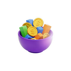 Bowl full of gold coins and blocks, 3D icon for finance, wealth, and investment