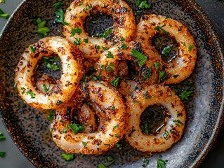 Golden spicy tender grilled calamari rings with herbs, paprika and olive oil on dark plate. Premium seafood dish. Fine dining restaurant, luxury menu, culinary and upscale food marketing visual.