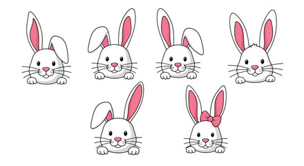 Fototapeta premium Adorable cartoon bunny faces peeking out with various expressions.
