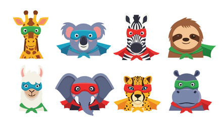 Naklejka premium Collection of eight cartoon superhero animals with masks and capes.