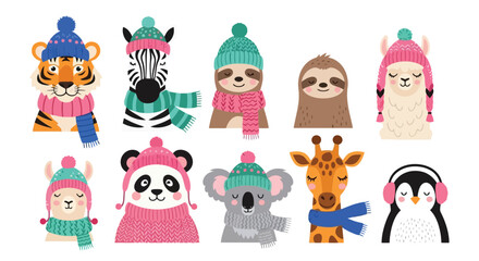 Cute Cartoon Animals Wearing Winter Hats and Scarves. © Pasni