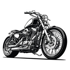 Classic Vtwin chopper motorcycle illustration in a bold highcontrast black and white style. © Vhya