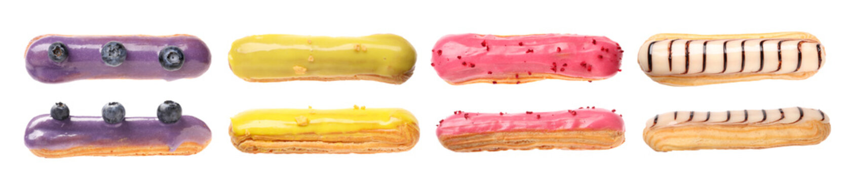 Delicious glazed eclairs on white background, set. Top and side view