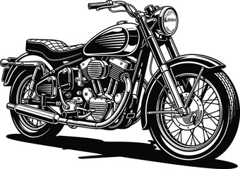 Obraz premium Detailed black and white illustration of a classic vintage cruiser motorcycle with chrome details.