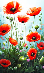 Fototapeta premium A meadow with red poppies.Color illustration of bright red poppies in a meadow.