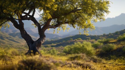 Fototapeta premium Close-up of Palo Verde tree blossoms with blurred mountain backdrop