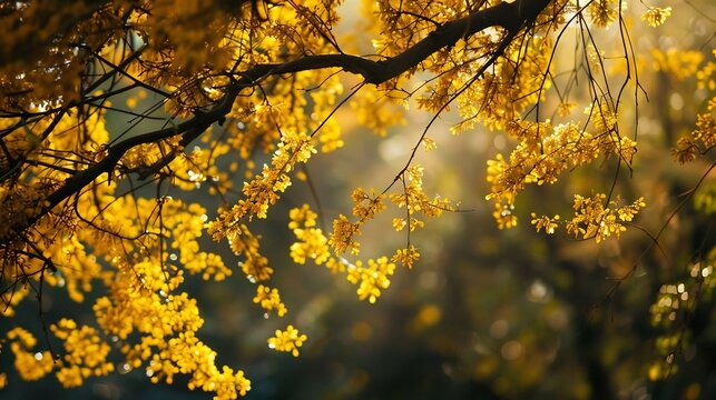 Golden Amaltas tree branches with vibrant yellow flowers, sunlight