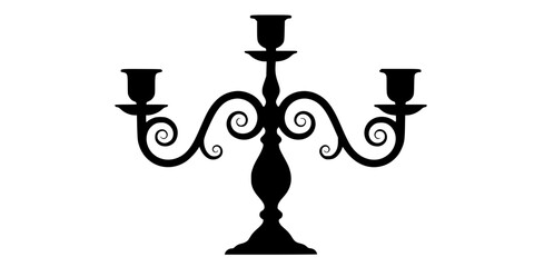 Fototapeta premium Black silhouette of a three-armed candelabra with curly metalwork isolated on white background 