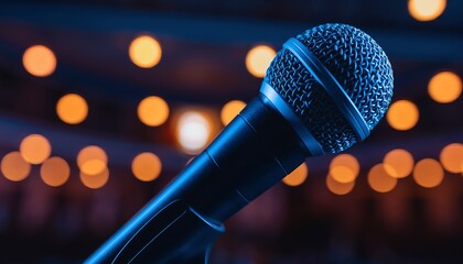 Obraz premium Dynamic Microphone on Stage with Warm Bokeh Lights in Background