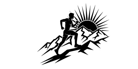 Fototapeta premium Silhouette of athletic man trail running uphill on rugged mountain terrain against rising sun, extreme sports vector art, minimalist logo design, isolated on white background 