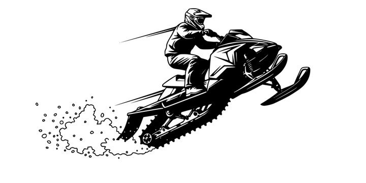 Black silhouette of extreme snowmobile rider wearing full helmet performing high jump with snow spray, dynamic action vector art, sticker design, isolated on white background