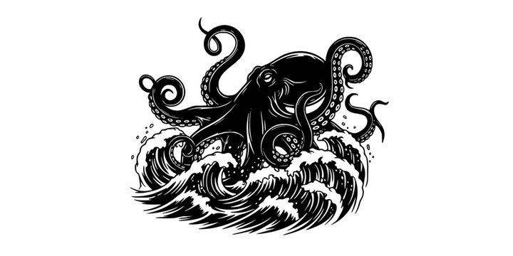 Giant octopus silhouette rising from stormy ocean waves with curling tentacles, black and white vector art, logo design, isolated on white background
