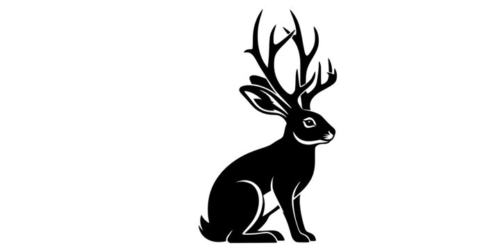 Black silhouette of a mythical jackalope or hare with large deer antlers sitting profile view, clean vector art, logo design concept, isolated on white background