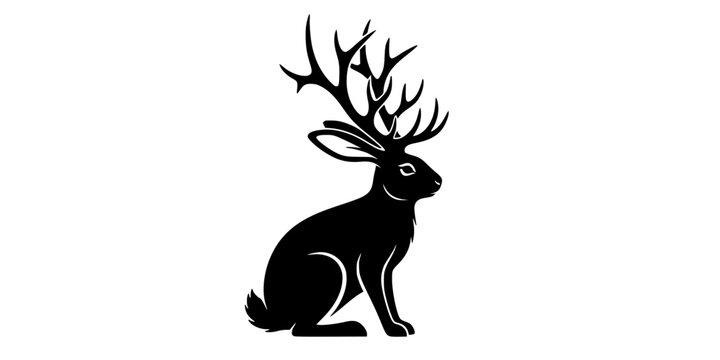 Black silhouette of a mythical jackalope or hare with large deer antlers sitting profile view, clean vector art, logo design concept, isolated on white background