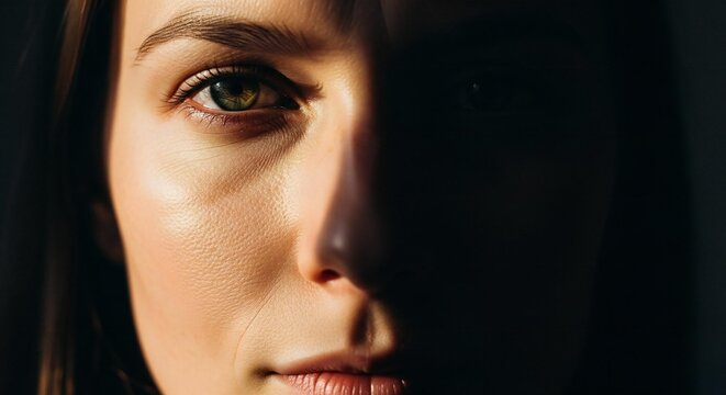 Intimate close-up portrait of a young woman's face, her gaze reflecting profound inner confidence amidst dramatic natural light and deep shadows.