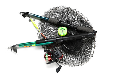 Fishing rods with trap on white background
