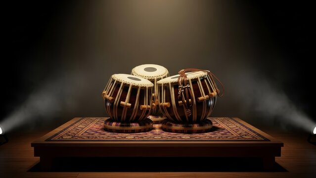 Indian Tabla Drums on Pedestal with Spotlight, Traditional Percussion Musical Instruments