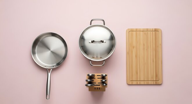 Kitchenware arrangement with frying pan pot and cutting board on pink background.