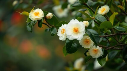 Fototapeta premium Camellia branch with white and yellow flowers, detailed closeup