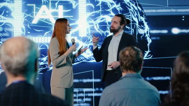 AI-driven business presentation showing machine learning and deep learning demos on digital screen. Businesspeople presenters discuss funding strategy with investors and audience. Camera B.