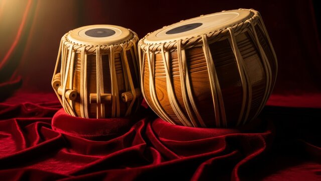 Indian Tabla Drums on Red Silk - Traditional Percussion Musical Instrument