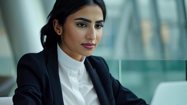 Focused Professional: An elegant woman, absorbed in her work, showcases professionalism and dedication in a modern setting. 