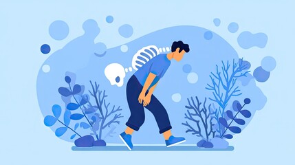 Fototapeta premium Illustration of a Person Struggling with Back Pain Surrounded by Abstract Elements and Plant Life
