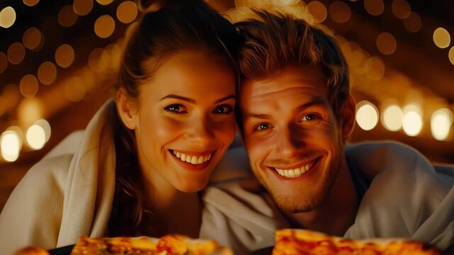 Cozy Moments: A radiant couple shares a heartfelt moment, embracing each other with warm smiles, creating an atmosphere of love and intimacy.
