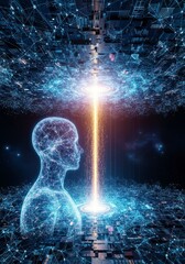 Consciousness transferring into the infinite cosmic machine reality, the final step beyond biology, embracing the grand digital future, glowing, cosmic, nebula