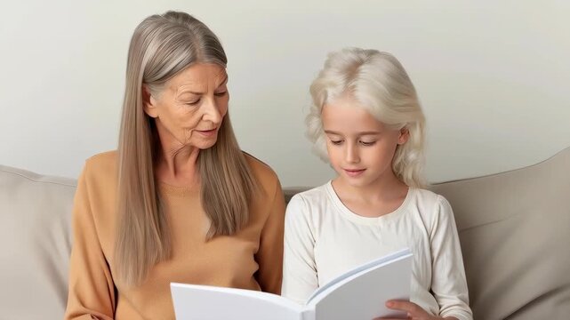 A heartwarming chapter of storytelling: A grandmother and granddaughter share a special moment, immersed in the pages of a captivating book.