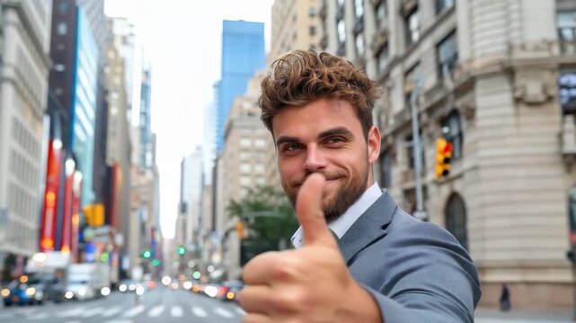 Thumps Up in City: A confident man in a suit gives a thumbs up in the heart of a bustling city, representing success, approval, and optimism.