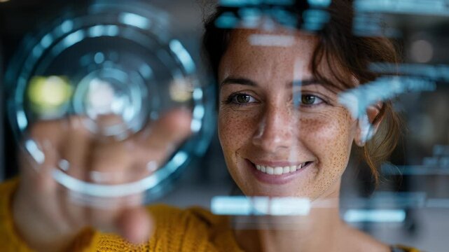 woman working with virtual computer, futuristic background