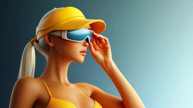Stylish Sun Seeker: A poised individual, shields the eyes with futuristic sunglasses, framed by a sporty visor, embodying the essence of modern style.