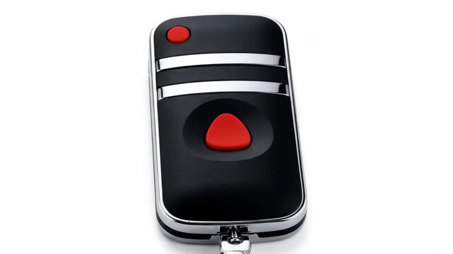 Black remote control with red buttons and chrome accents isolated on white studio background.