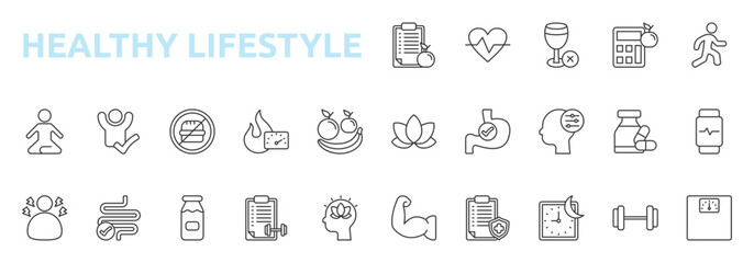 Healthy Lifestyle icon outline style with diet, heart, no alcohol, calorie, activity, meditation icons